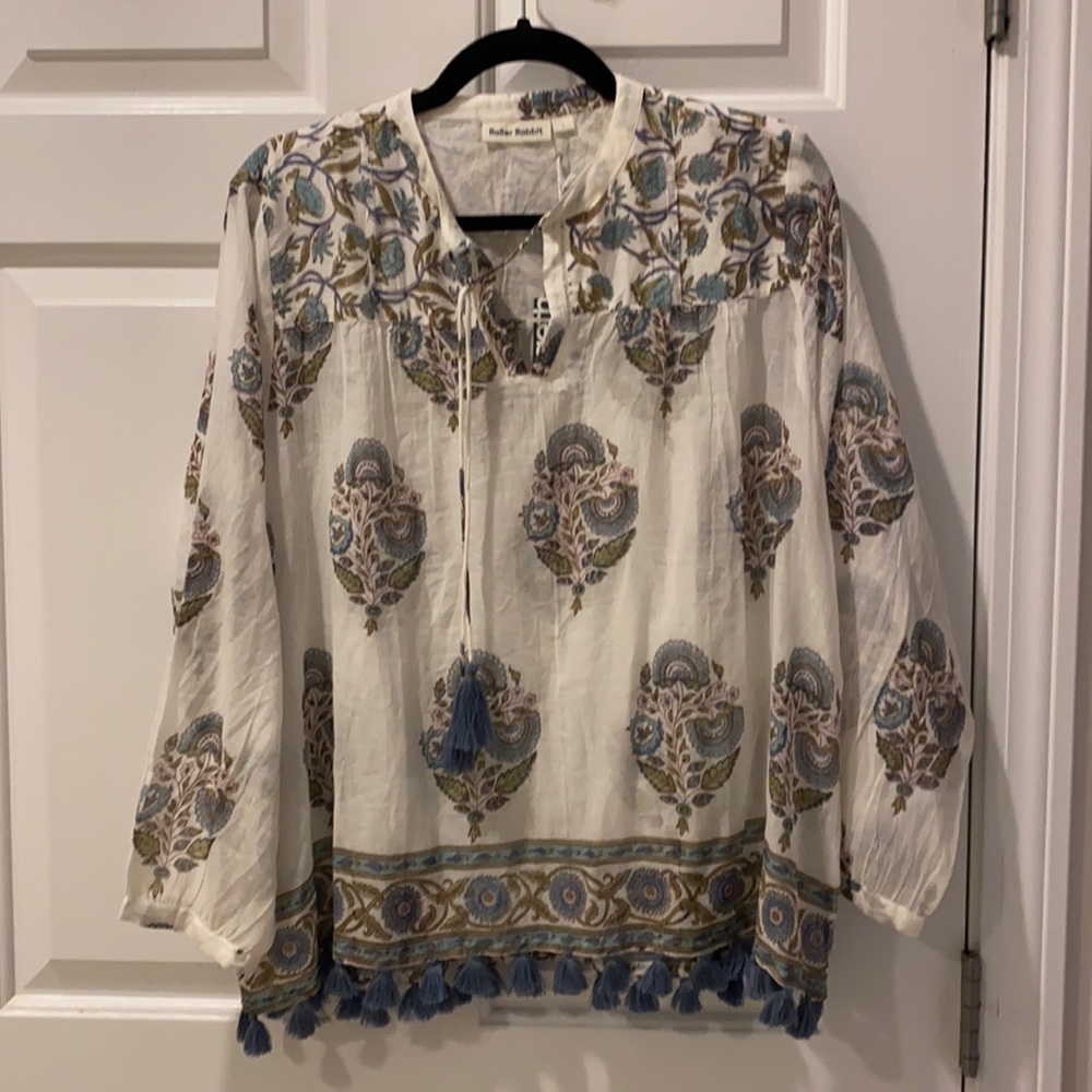 Roller Rabbit Block Print Floral Tassel Tunic